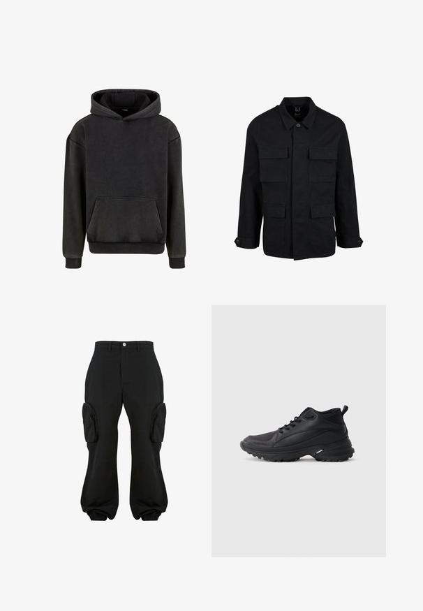 Čierna bavlnená bunda s golierom, zapínaním na gombíky a štyrmi prednými vreckami. Dlhé rukávy s gombíkovými manžetami, s jednoduchým a elegantným dizajnom.; Urban Classics Mikina s kapucňou - magnet; Čierne cargo nohavice s voľným strihom, ktoré majú dve bočné cargo vrecká, elastické manžety na členkoch a zapínanie na gombík v páse.; Čierne športové topánky vyrobené zo syntetického materiálu. Majú polstrovaný golier, okrúhlu špičku, pevný podrážku s trakciou a detail loga značky.