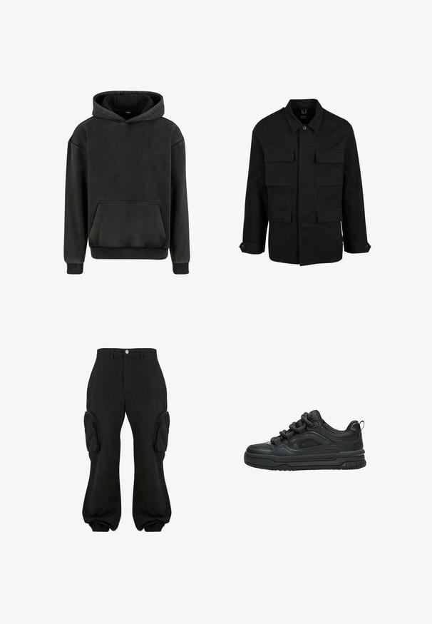 Schwarze Baumwolljacke mit Kragen, Knopfverschluss und vier Fronttaschen. Lange Ärmel mit Knopfmanschetten, einfaches, elegantes Design.; Urban Classics Kapuzenpullover - magnet; Schwarze Cargo-Hosen mit lockerer Passform, ausgestattet mit zwei seitlichen Cargo-Taschen, elastischen Bündchen an den Knöcheln und einem Knopfverschluss auf der Taille.; Schwarzer Low-Top-Sneaker mit dicker Sohle, gepolstertem Kragen, Mesh-Einsätzen und kräftigen Schnürsenkeln, dargestellt vor weißem Hintergrund.