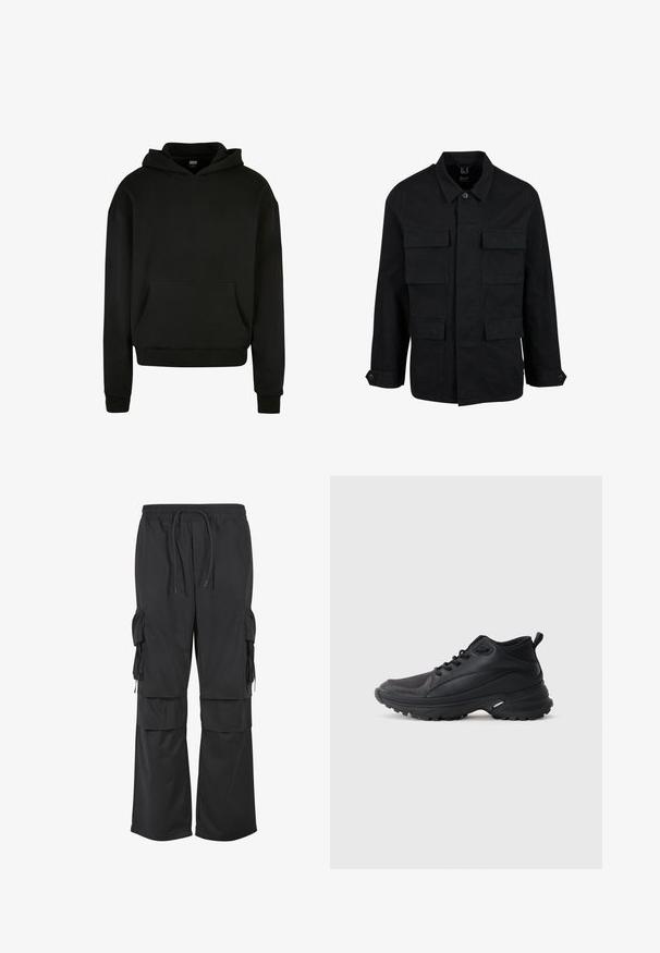 Veste en coton noir avec col, fermeture à boutons et quatre poches avant. Manches longues avec poignets à boutons, présentant un design simple et épuré.; Sweatshirt à capuche noir fabriqué en tissu doux, avec une poche avant, des poignets côtelés et une coupe décontractée.; Pantalon cargo noir à jambes larges avec taille élastique, cordon de serrage et multiples poches à rabat sur les cuisses et le bas des jambes.; Chaussures de sport noires en matériau synthétique. Dotées d'un col rembourré, d'un embout rond, d'une semelle extérieure robuste avec traction, et d'un détail avec le logo de la marque.