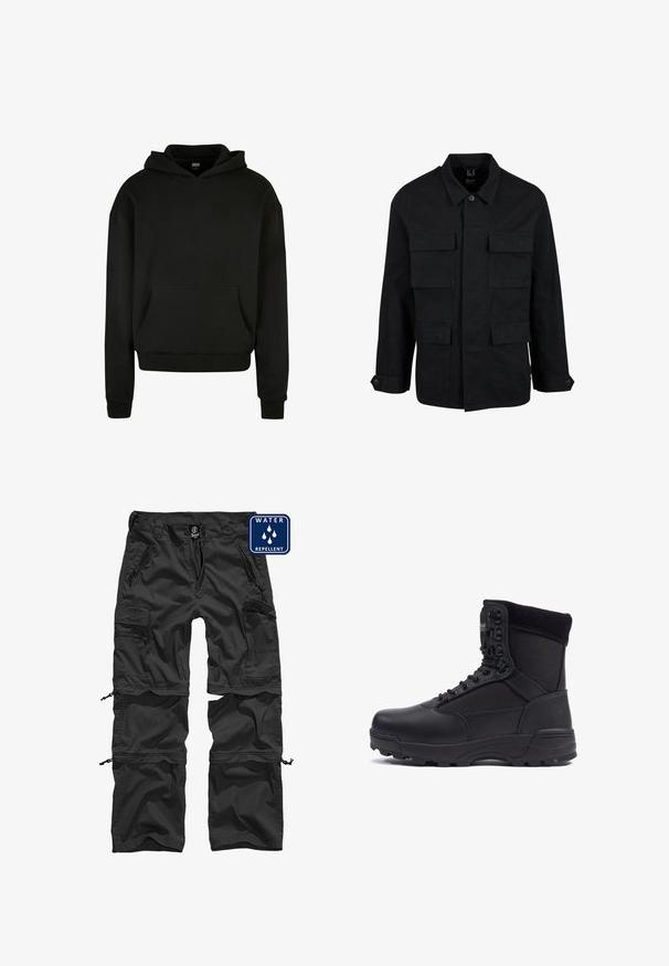 Veste en coton noir avec col, fermeture à boutons et quatre poches avant. Manches longues avec poignets à boutons, présentant un design simple et épuré.; Sweatshirt à capuche noir fabriqué en tissu doux, avec une poche avant, des poignets côtelés et une coupe décontractée.; Pantalons cargo noirs déperlant avec poches zippées, poignets réglables et un matériau durable. Présente un logo sur la ceinture.; Botte tactique noire avec une tige en cuir lisse et des panneaux en tissu, design montante, fermeture à lacets à l'avant et semelle en caoutchouc robuste.