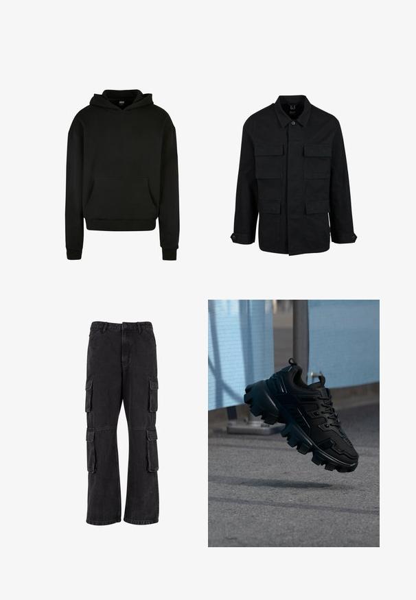 Schwarze Baumwolljacke mit Kragen, Knopfverschluss und vier Fronttaschen. Lange Ärmel mit Knopfmanschetten, einfaches, elegantes Design.; Schwarzer Kapuzenpullover aus weichem Stoff, mit einer Fronttasche, gerippten Bündchen und einem lässigen Schnitt.; Schwarze Cargo-Hosen aus Denim, mit lockerer Passform, mehreren Seitentaschen und genähten Details. Die Textur ist leicht verblasst.; Schwarzer klobiger Sneaker mit dicker Profilsohle, der über einem grauen Gehweg schwebt, vor einem verschwommenen hellblau-grauen Hintergrund.