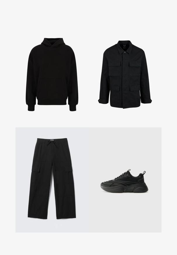 Schwarze Baumwolljacke mit Kragen, Knopfverschluss und vier Fronttaschen. Lange Ärmel mit Knopfmanschetten, einfaches, elegantes Design.; Schwarzer Pullover-Hoodie mit einer vorderen Kängurutasche, gerippten Bündchen und Saum. Hergestellt aus weichem Material; hat einen lässigen Schnitt und eine verstellbare Kapuze.; Schwarze Cargo-Hose mit weitem Bein, vorderen Taschen, Oberschenkeltaschen mit Klappen, Gürtelschlaufen und Kordelzugbund, flach auf einem weißen Hintergrund ausgelegt.; Schwarze Sportschuhe mit einer runden Sohle, strukturiertem Obermaterial und gepolstertem Kragen. Verfügt über Schnürung, Zuglasche und geschichtete Designelemente.
