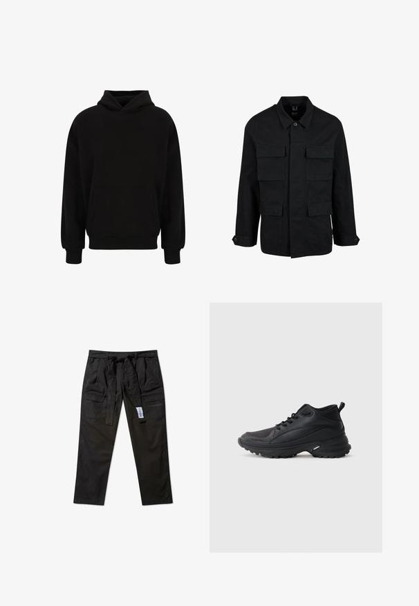 Zwarte katoenen jas met een kraag, knoopsluiting en vier voorzakken. Lange mouwen met knoopmanchetten, met een eenvoudig en strak ontwerp.; Zwarte pullover hoodie met een voorzak, ribgebreide manchetten en zoom. Gemaakt van zachte stof; heeft een relaxed fit en een verstelbare capuchon.; Zwarte cargobroek gemaakt van een duurzaam materiaal, met een riem in de taille, vier zakken en een recht model.; Zwarte sportschoenen gemaakt van synthetisch materiaal. Voorzien van een gevoerde kraag, ronde neus, stevige buitenzool met grip en merkembleem.