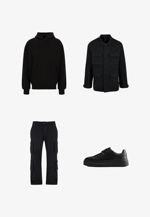 Zwarte katoenen jas met een kraag, knoopsluiting en vier voorzakken. Lange mouwen met knoopmanchetten, met een eenvoudig en strak ontwerp.; Zwarte pullover hoodie met een voorzak, ribgebreide manchetten en zoom. Gemaakt van zachte stof; heeft een relaxed fit en een verstelbare capuchon.; Zwarte cargobroek van katoen, met meerdere zijzakken, een relaxte pasvorm en een rechte pijp.; Zwarte lage sneaker met dikke zool en veters aan de voorkant, gemaakt van glad leer, zijaanzicht op een witte achtergrond.