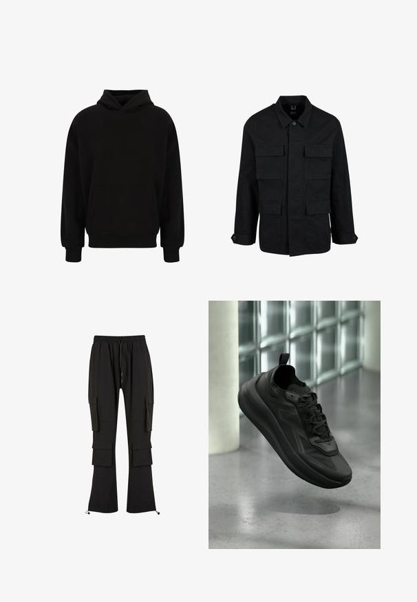 Schwarze Baumwolljacke mit Kragen, Knopfverschluss und vier Fronttaschen. Lange Ärmel mit Knopfmanschetten, einfaches, elegantes Design.; Schwarzer Pullover-Hoodie mit einer vorderen Kängurutasche, gerippten Bündchen und Saum. Hergestellt aus weichem Material; hat einen lässigen Schnitt und eine verstellbare Kapuze.; Schwarze Cargo-Hosen aus weichem Stoff, mit mehreren Seitentaschen, elastischem Bund mit Kordelzug und tapered Beinen mit verstellbaren Säumen.; Schwarzer Calvin Klein Sneaker mit Schnürsenkeln, angehoben über einem polierten Betonboden, Glasblockwand und Säule im unscharfen Hintergrund.