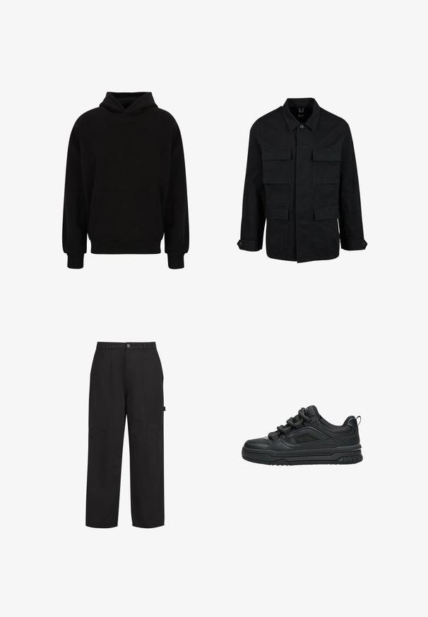 Zwarte katoenen jas met een kraag, knoopsluiting en vier voorzakken. Lange mouwen met knoopmanchetten, met een eenvoudig en strak ontwerp.; Zwarte pullover hoodie met een voorzak, ribgebreide manchetten en zoom. Gemaakt van zachte stof; heeft een relaxed fit en een verstelbare capuchon.; Zwarte katoenen broek met een ontspannen pasvorm, voorzien van twee voorkruiszakken, een rits en een zichtbare knoop aan de voorkant. Zachte textuur, recht model.; Zwarte lage sneaker met dikke zool, gevoerde kraag, meshpanelen en dikke veters, afgebeeld tegen een witte achtergrond.