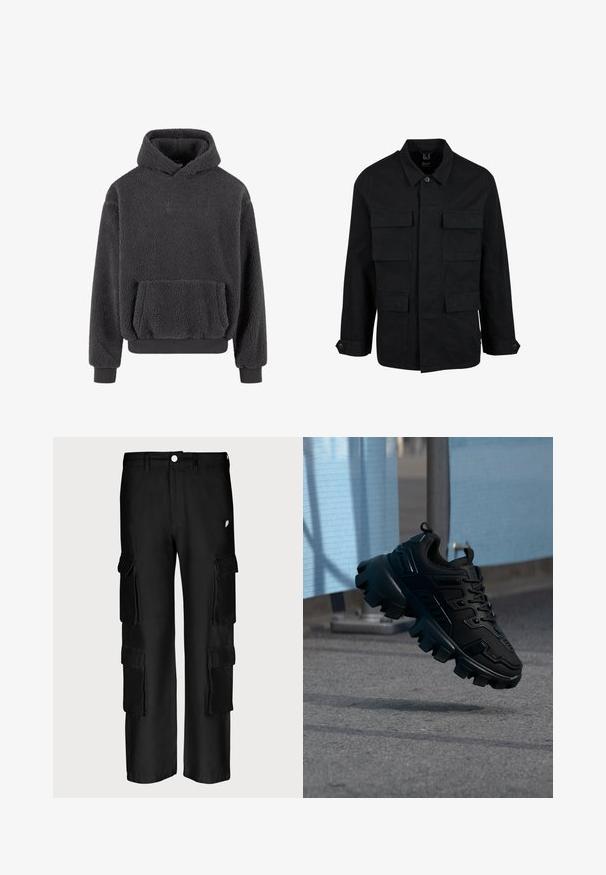 Zwarte katoenen jas met een kraag, knoopsluiting en vier voorzakken. Lange mouwen met knoopmanchetten, met een eenvoudig en strak ontwerp.; Fleece hoodie in donkergrijs met een gestructureerd oppervlak, een kangaroozak en ribgebreide cuffs en zoom. Heeft een klein logo op de borst.; Zwarte cargobroek met een losse pasvorm, meerdere zijzakken, een knoopsluiting en een gladde stoftextuur.; Zwarte chunky sneaker met dikke profielzool die boven een grijze stoep zweeft, tegen een wazige lichtblauwe en grijze achtergrond.
