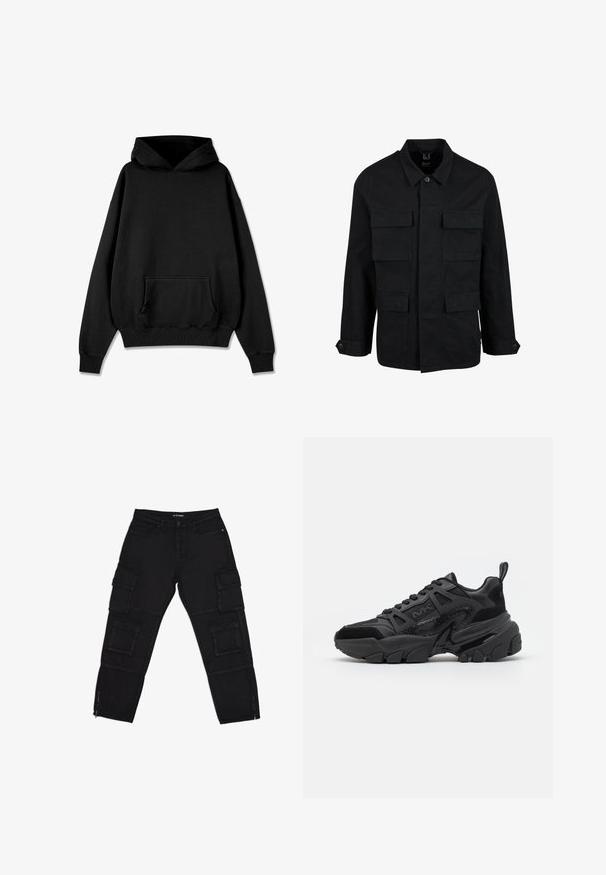 Mustmustärkidega must puuvillane jakk, nööbiga kinni ja neli esimest taskut. Pikkade varrukate ja nööbiga mansettidega, lihtsa ja stiilse disainiga.; Pegador LOGO OVERSIZED HOODIE - Kapuutsiga pusa - vintage black black; Mustad mustad püksid, mis on valmistatud vastupidavast kangast, mitme cargo-taskuga, lukuga sääreotsadega ja sirgete jalgadega, millel on peened õmbluse detailid.; Mustad vabaajajalatsid, mis ühendavad siledad ja tekstureeritud materjalid, paksu tallaga, pitsidega kinnise disainiga ja iseloomulike külgdetailidega.