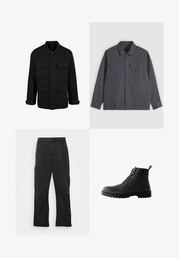 Veste en coton noir avec col, fermeture à boutons et quatre poches avant. Manches longues avec poignets à boutons, présentant un design simple et épuré.; Chemise gris foncé à manches longues avec boutons, deux poches sur la poitrine, dont une avec une petite étiquette noire et dorée.; Pantalons cargo noirs avec une coupe droite, dotés de deux poches latérales, d'une fermeture à bouton et d'un tissu texturé.; Bottes chevilles en cuir noir avec un bout rond, six œillets en métal, lacets, et une semelle en caoutchouc texturé présentant un profil prononcé.