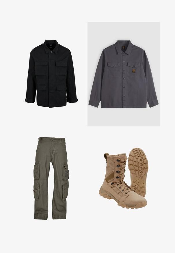Chaqueta de algodón negra con cuello, cierre de botones y cuatro bolsillos frontales. Mangas largas con puños de botón, con un diseño simple y elegante.; Camisa de manga larga de color gris oscuro con botones y dos bolsillos en el pecho, uno de ellos con una pequeña etiqueta negra y dorada.; Pantalones cargo de algodón verde oliva, con múltiples bolsillos laterales, un corte holgado y costuras reforzadas para mayor durabilidad.; Bota táctica color beige con diseño de cordones hasta la altura del tobillo y suela de goma resistente, una bota en posición vertical y la otra mostrando el patrón de la suela.
