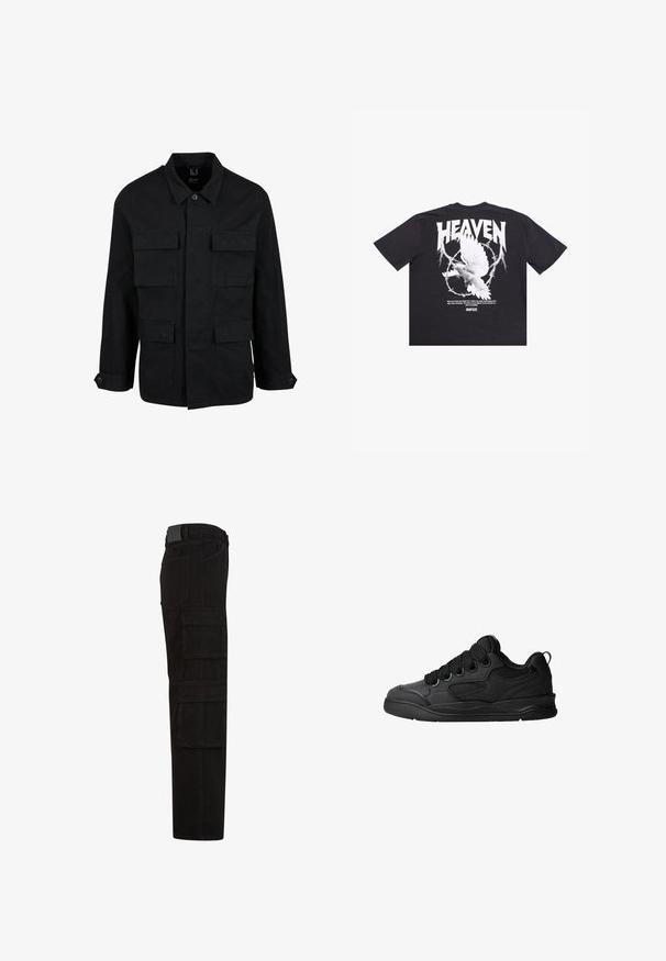 Veste en coton noir avec col, fermeture à boutons et quatre poches avant. Manches longues avec poignets à boutons, présentant un design simple et épuré.; T-shirt en coton noir avec un graphique de colombe blanche, texte "HEAVEN" et citations imprimées au dos. Manches courtes, coupe décontractée.; Pantalon cargo noir avec plusieurs grandes poches à rabat, passants de ceinture, et une coupe droite, vu de côté.; Baskets noires avec une tige texturée, dotées de lacets, d'accents en mesh pour la respirabilité, d'un col rembourré et d'une semelle extérieure robuste.