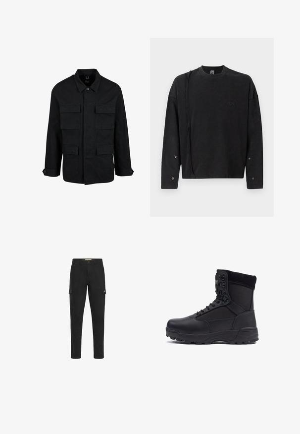 Sort bomuldsjakke med krave, knaplukning og fire forlommer. Lange ærmer med knapmanchetter, der har et enkelt og elegant design.; Sort langærmet sweatshirt med rund hals, der har et subtilt logo foran og trykknapdetaljer på ærmerne, lavet af blødt stof.; Sorte cargo bukser med en slim-fit design, der har to sidelommer og en baglomme, lavet af slidstærk bomuldsstof.; Sort taktisk støvle med en glat læderoverdel og stofpaneler, høj ankeldesign, snørebånd foran og slidstærk gummisål.