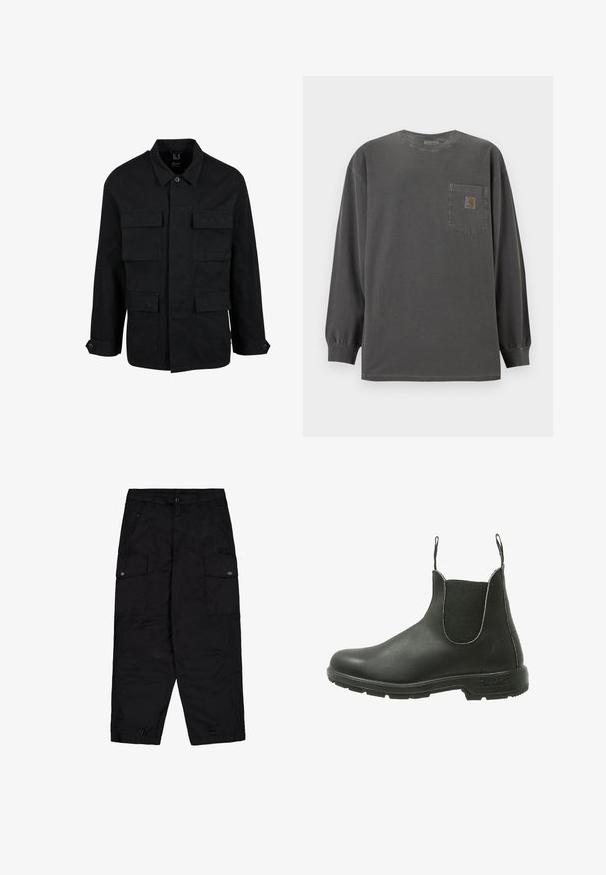 Zwarte katoenen jas met een kraag, knoopsluiting en vier voorzakken. Lange mouwen met knoopmanchetten, met een eenvoudig en strak ontwerp.; Donkergrijze lange mouwen shirt met ronde hals en een borstzakje met een klein Carhartt-logo op het zakje.; Zwarte cargobroek met een knoop en rits aan de voorkant, zijflapzakken met knopen en verstelbare trekkoorden aan de onderkant.; Zwarte leren Chelsea-boot met elastische zijpanelen, ronde neus en een textuur rubberen zool, ontworpen voor gemakkelijke instap.