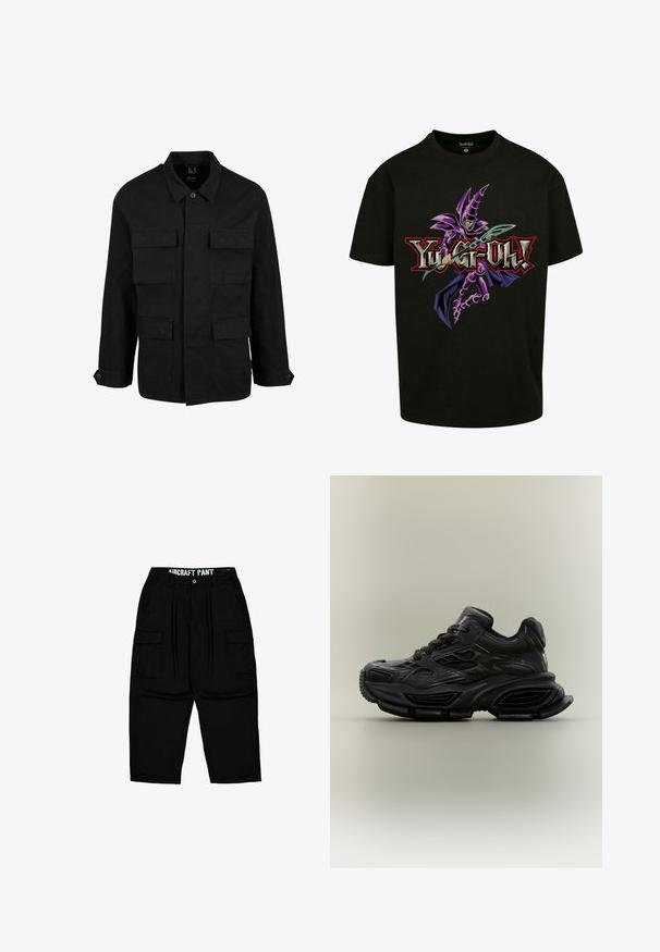 Schwarze Baumwolljacke mit Kragen, Knopfverschluss und vier Fronttaschen. Lange Ärmel mit Knopfmanschetten, einfaches, elegantes Design.; Schwarzes Baumwoll-T-Shirt mit einem Grafik eines lila Charakters, der einen Stab schwingt, und dem Text "Yu-Gi-Oh!" in Rot und Gold darunter.; Schwarze Cargo-Hose mit Gürtelschlaufen, Frontknopf, Reißverschluss, seitlichen Klappentaschen und dem Aufdruck "AIRCRAFT PANT" am inneren Bund.; Schwarzer klobiger Sneaker mit strukturiertem Design, dicker Sohle und Schnürverschluss vor schlichtem neutralem Hintergrund.