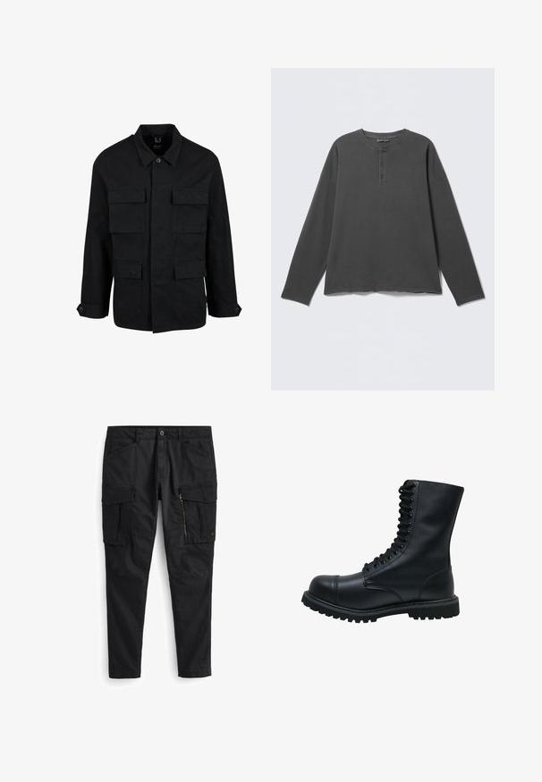 Schwarze Baumwolljacke mit Kragen, Knopfverschluss und vier Fronttaschen. Lange Ärmel mit Knopfmanschetten, einfaches, elegantes Design.; Dunkelgraues Langarm-Henley-Shirt mit rundem Ausschnitt und drei Knöpfen an der vorderen Blende.; Schwarze Cargo-Hosen aus robustem Material mit mehreren Taschen, darunter zwei seitliche Cargo-Taschen und eine mit Reißverschluss versehene Tasche auf der Vorderseite.; Schwarze Leder Schnürstiefel mit runder Zehenkappe, hohem Schaft, dicker Gummisohle und texturierter Oberfläche. Enthält verstärkte Nähte entlang der Nähte.