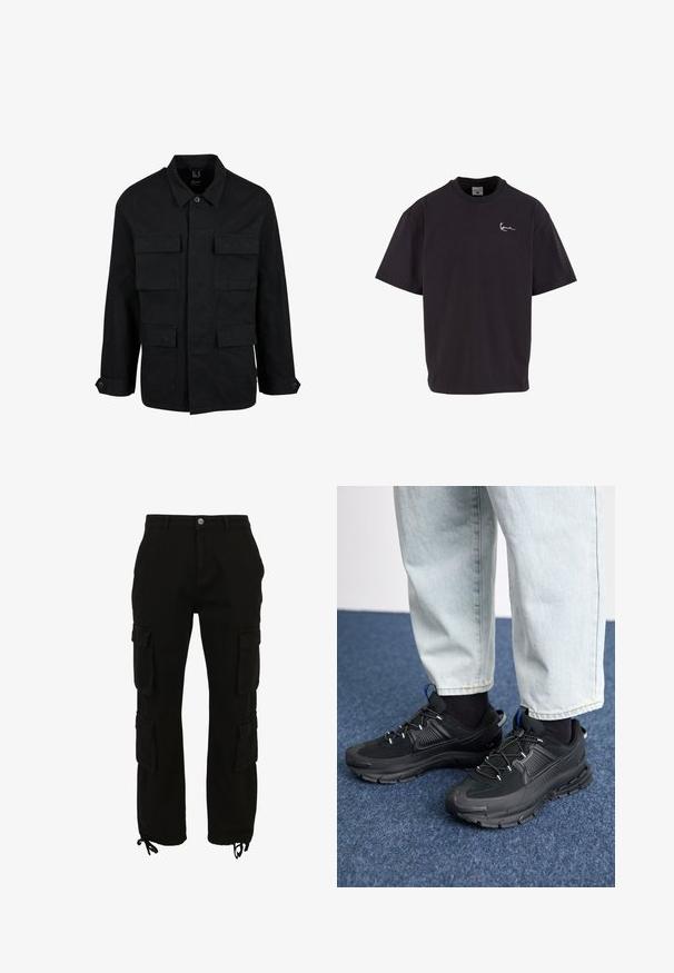 Veste en coton noir avec col, fermeture à boutons et quatre poches avant. Manches longues avec poignets à boutons, présentant un design simple et épuré.; T-shirt noir en coton à manches courtes avec un petit logo blanc en cursive sur le haut gauche de la poitrine et un col rond.; Pantalon cargo noir en coton, doté de multiples poches latérales, d'une fermeture à boutons et d'ourlets réglables avec cordons.; Des chaussures de sport noires avec un tissu texturé et des semelles en caoutchouc, dotées de lacets élastiques et d'un accent bleu au talon. Portées avec un pantalon en denim clair.