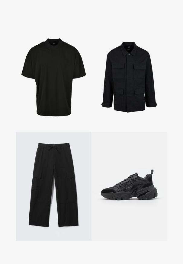 Chaqueta de algodón negra con cuello, cierre de botones y cuatro bolsillos frontales. Mangas largas con puños de botón, con un diseño simple y elegante.; Camiseta de manga corta negra con diseño de cuello redondo, hecha de tela suave, que presenta un ajuste relajado y sin patrones o acentos visibles.; Pantalones cargo negros de pierna ancha con bolsillos delanteros, bolsillos con solapa en el muslo, trabillas para cinturón y cintura con cordón, colocados planos sobre un fondo blanco.; Zapatillas negras que combinan materiales lisos y texturizados, con suela gruesa, diseño con cordones y acentos laterales distintivos.