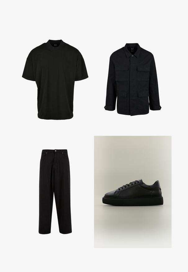 Schwarze Baumwolljacke mit Kragen, Knopfverschluss und vier Fronttaschen. Lange Ärmel mit Knopfmanschetten, einfaches, elegantes Design.; Schwarzes T-Shirt mit kurzen Ärmeln und Rundhalsausschnitt, aus weichem Stoff, mit lockerer Passform und ohne sichtbare Muster oder Akzente.; Schwarze, weit geschnittene Hose aus Baumwolle mit Knopfverschluss, vorderen Taschen und einer glatten Textur ohne Muster oder Verzierungen.; Schwarzer niedriger Ledersneaker mit dicker Gummisohle und schwarzen Schnürsenkeln, von der Seite auf hellem, einfarbigem Hintergrund gezeigt.