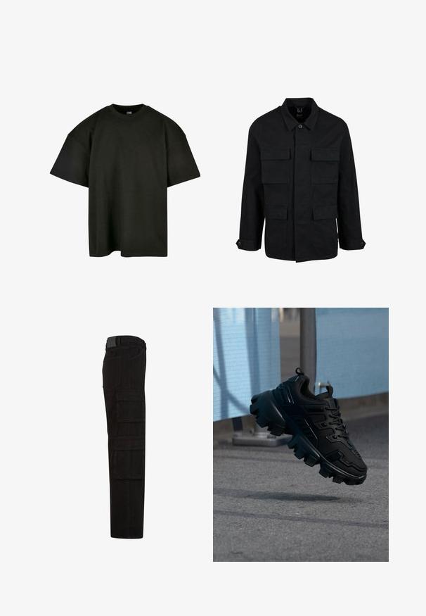 Sort bomuldsjakke med krave, knaplukning og fire forlommer. Lange ærmer med knapmanchetter, der har et enkelt og elegant design.; Sort oversized t-shirt i blød bomuld. Har en rund crew neckline og korte ærmer, med en glat tekstur og minimalistisk design.; Sorte cargobukser med flere store lommer med klap, bæltestropper og lige ben, vist fra siden.; Sort chunky sneaker med tyk slidbane sål, der svæver over en grå fortov mod en sløret lyseblå og grå baggrund.