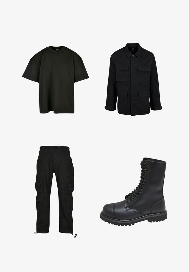 Chaqueta de algodón negra con cuello, cierre de botones y cuatro bolsillos frontales. Mangas largas con puños de botón, con un diseño simple y elegante.; Camiseta negra de corte oversized en suave algodón. Presenta un cuello redondo y mangas cortas, con una textura suave y un diseño minimalista.; Pantalones cargo negros hechos de tela duradera, con múltiples bolsillos laterales, un ajuste relajado y correas ajustables en los tobillos.; Bota de combate de cuero negro con caña alta, parte frontal con cordones, cuello acolchado y suela texturizada resistente para un buen agarre. Presenta una puntera reforzada.