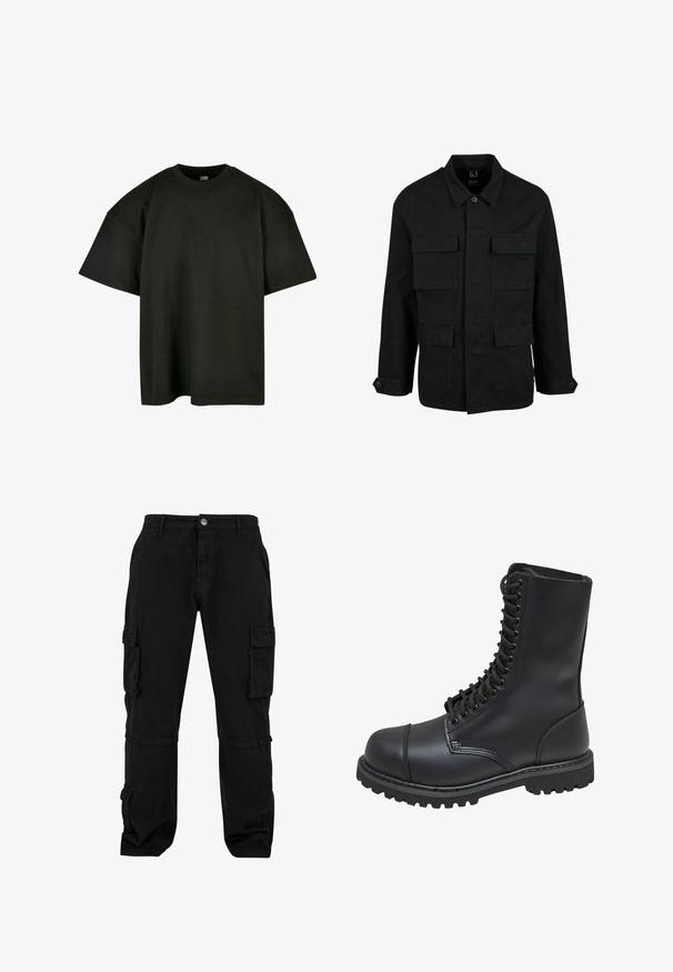 Sort bomuldsjakke med krave, knaplukning og fire forlommer. Lange ærmer med knapmanchetter, der har et enkelt og elegant design.; Sort oversized t-shirt i blød bomuld. Har en rund crew neckline og korte ærmer, med en glat tekstur og minimalistisk design.; Sorte cargo bukser lavet af slidstærkt stof. Har flere sidelommer, en afslappet pasform og syede detaljer. Klassisk design, der er velegnet til forskellige anvendelser.; Sort læder kampstøvle med høj skaft, snørebånd foran, polstret krave og en robust tekstureret sål for godt greb. Har forstærket tåhætte.