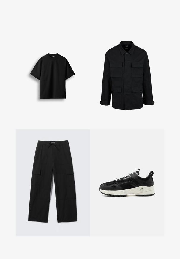 Schwarze Baumwolljacke mit Kragen, Knopfverschluss und vier Fronttaschen. Lange Ärmel mit Knopfmanschetten, einfaches, elegantes Design.; Schwarzes T-Shirt mit kurzen Ärmeln und Rundhalsausschnitt, flach auf weißem Hintergrund mit sichtbarem kleinem Nackenlabel dargestellt.; Schwarze Cargo-Hose mit weitem Bein, vorderen Taschen, Oberschenkeltaschen mit Klappen, Gürtelschlaufen und Kordelzugbund, flach auf einem weißen Hintergrund ausgelegt.; Schwarz-weißer Armani Exchange Sneaker mit Mesh-Einsätzen, weißen Schnürsenkeln und dicker Sohle mit A|X-Logo an der Ferse.