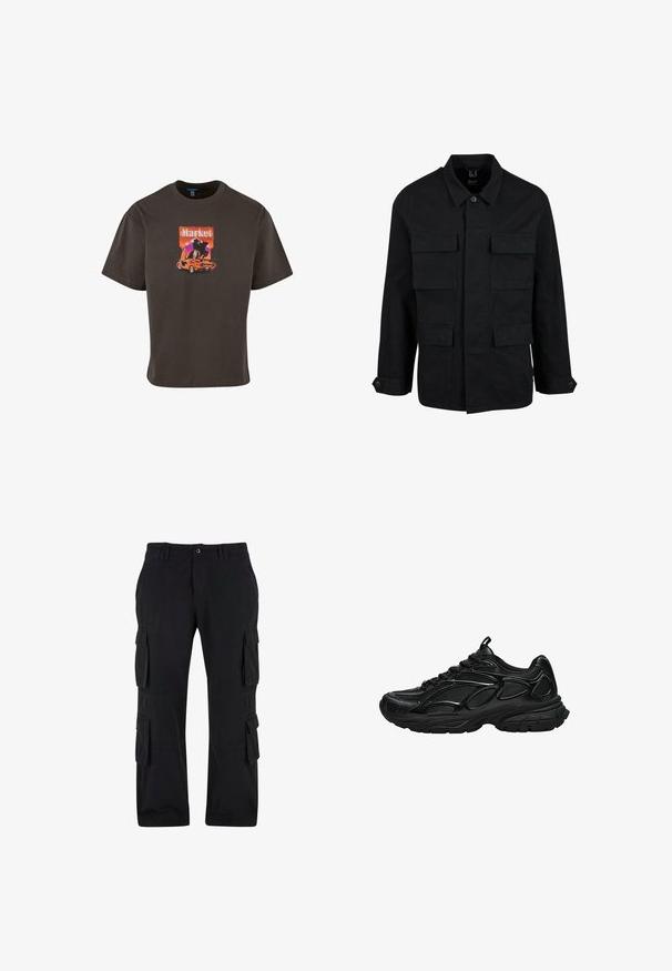 Zwarte katoenen jas met een kraag, knoopsluiting en vier voorzakken. Lange mouwen met knoopmanchetten, met een eenvoudig en strak ontwerp.; Donkerbruin katoenen T-shirt met een grafische print van een auto en het woord "Markt" in levendige kleuren, met een relaxte pasvorm en korte mouwen.; Zwarte cargobroek van katoen, met meerdere zijzakken, een relaxte pasvorm en een rechte pijp.; Zwarte sportschoen met mesh en synthetische bovenkant, dikke gewatteerde zool en vetersluiting, zijaanzicht op een witte achtergrond.