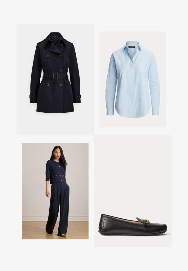 Marineblå trenchcoat i holdbart stof med dobbeltradede knapper, bælte i taljen og skulderklapper; glat tekstur, klassisk design.; Lyseblå langærmet skjorte med krave, hvide knapper og et diskret logo på venstre brystområde.; Kvinde iført navyblå knappet cardigan med guldknapper og vide bukser, stående på trægulv mod en ensfarvet væg.; Sort læderloafer med guldbeslag og gummisåle med nitter, vist fra siden på hvid baggrund.