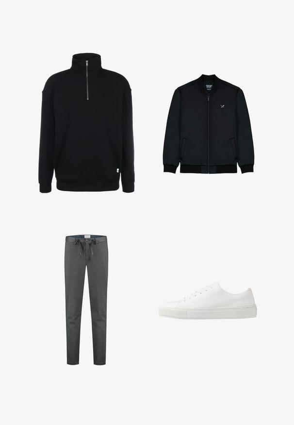 Schwarze Bomberjacke mit Reißverschluss vorne, geripptem Kragen und Bündchen, zwei Seitentaschen und einem kleinen Logo auf der Brust. Glatte Stofftextur.; Schwarzer Sweatshirt mit Zip-Kragen, langen Ärmeln, weicher Textur, einer Fronttasche und einem kleinen grünen Logo am Saum.; Graue, dehnbare Hosen mit glatter Textur, Kordelzugbund und Knopfverschluss. Verfügung über eine schmal geschnittene Passform und minimale sichtbare Nähte.; Weiße Leder-Sneaker mit glatter Oberfläche, abgerundeter Zehenpartie und sechs Ösen für die Schnürsenkel. Verfügt über eine strukturierte Gummisohle und ein minimalistisches Design.