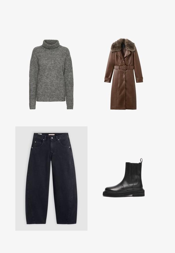 Brun læderjakke med en stor kunstpelskrave, bælte i taljen og knaplukning, med lange ærmer og knælangt design.; Grå turtleneck sweater lavet af blødt strikmateriale, med en afslappet pasform og lange ærmer med en subtil tekstur hele vejen igennem.; Sorte denim wide-leg jeans med høj talje, to frontlommer og sølvhardware. Glat tekstur, minimale stikninger og lige snit.; Sorte læder ankelstøvler med en glat finish, elastiske sidepaneler, en løftestrop og en tykket, struktureret sål. Indeholder minimale syninger.