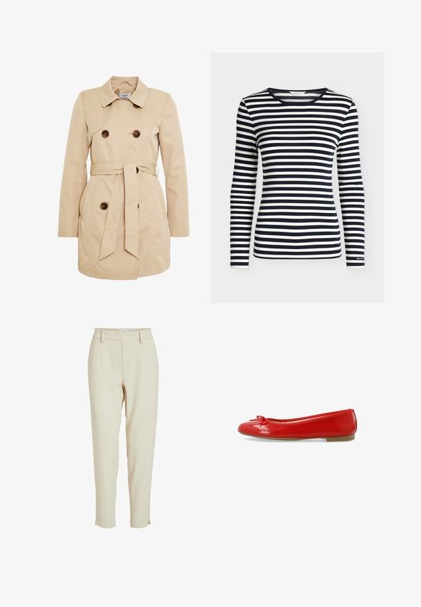 Trench-coat beige en tissu lisse avec fermeture à double boutonnage, une ceinture à la taille et deux poches latérales.; Chemise à manches longues avec des rayures horizontales bleu marine et blanches et un col rond, brandée GANT sur le bord de la manche.; Pantalon beige ajusté avec une taille élastique, des poches latérales et une jambe fuselée avec un ourlet à revers. Tissu lisse et léger.; Ballerines en cuir verni rouge avec un bout arrondi, un nœud sur le devant et une semelle en caoutchouc beige basse. Texture de surface lisse.