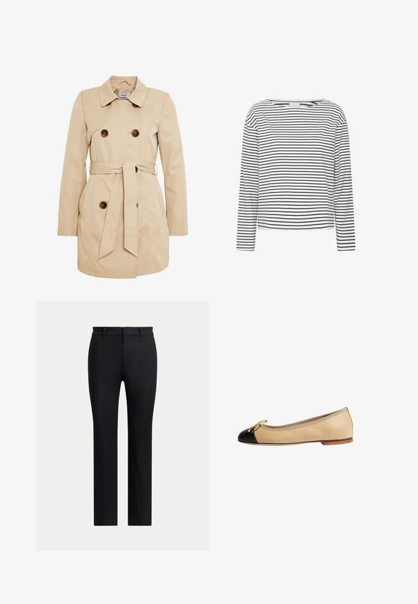 Beige trenchcoat lavet af glat stof med dobbeltradet knaplukning, et bælte i taljen og to sidelommer.; Langærmet top med bådudskæring, lavet af blødt stof med marineblå og hvide vandrette striber. Ligefrem skæring og minimal detaljer.; Sorte bukser med lige ben, bæltestropper og slim fit, vist mod en ensartet lys baggrund.; Beige læder balletflade med sort tåhætte, guld sløjfedetalje og tekstureret trim langs åbningen. Flad sål for nem gang.