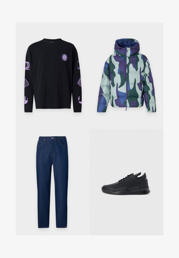 Veste en duvet avec capuche, motif de camouflage multicolore dans des nuances de vert et de violet, texture matelassée et fermeture éclair à l'avant.; T-shirt long noir à manches longues avec des impressions graphiques violettes sur la poitrine et les manches, fabriqué dans un tissu au toucher lisse. Conception à col rond.; Les Benjamins Jean droit - rinse wash; Baskets noires avec une tige en mesh texturé, des accents en cuir lisse, une semelle en caoutchouc incurvée et des lacets ton sur ton. Comprend une languette de tirage au talon.