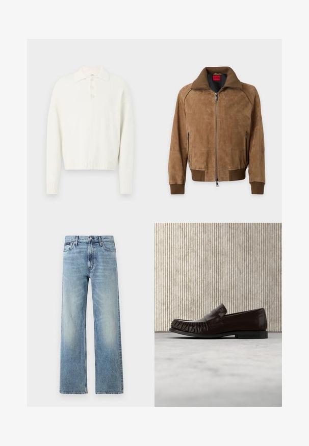 Brun ruskind bomberjakke med ribstrikket krave, manchetter og kant, foran lynlås og lynlåslommer på siderne, mærket HUGO inde i kraven.; Hvid pullover sweater med krave, tre knapper foran og ribbede manchetter og kant. Blødt, struktureret stof med en afslappet pasform.; Lyseblå denim jeans med lige ben, højt talje, fem lommer, knaplukning og diskrete falmede områder på lår og knæ.; Mørkebrune læderloafer med syningdetaljer, svævende over beige tæppe, med et blankt, ravfarvet rundt bord i baggrunden.