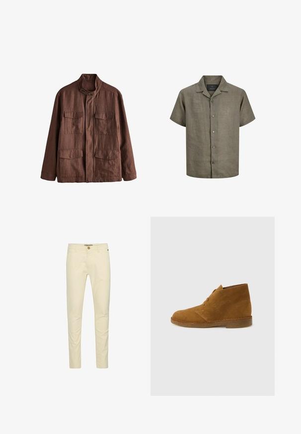 Chaqueta marrón de manga larga con cuello alto, cierre fronta con botones y cuatro bolsillos con solapa, dos en el pecho y dos cerca de la cintura.; Camisa verde oliva de manga corta con botones, cuello con muesca y textura visible de costura.; Chinos de algodón beige con un corte slim, que cuentan con un cierre de botón y un detalle de costura sutil en los bolsillos. Textura suave con un acabado pulido.; Bota desértica marrón de ante hasta el tobillo con dos ojales y suela de crepé sobre fondo liso gris claro.