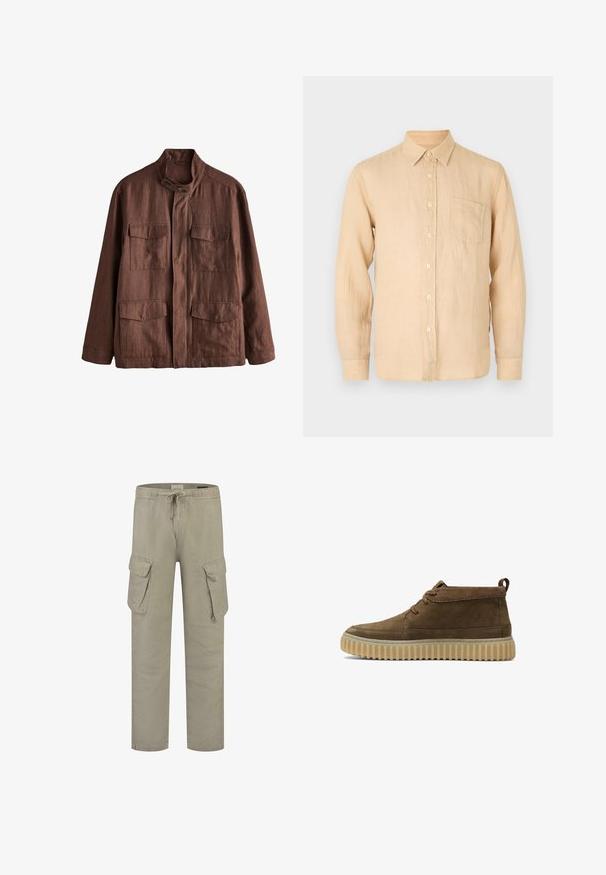 Chaqueta marrón de manga larga con cuello alto, cierre fronta con botones y cuatro bolsillos con solapa, dos en el pecho y dos cerca de la cintura.; Camisa de lino beige de manga larga con cuello abotonado, bolsillo frontal y una superficie suave, ligeramente texturizada. Corte clásico y diseño sencillo.; Pantalones cargo beige con cintura elástica, cierre con cordón y dos bolsillos laterales. Hechos de una tela ligera con una textura suave.; Botines de ante marrón con punta redondeada, costuras mínimas y suela de goma gruesa y texturizada. Presenta un diseño de cordones y una pestaña en el talón.
