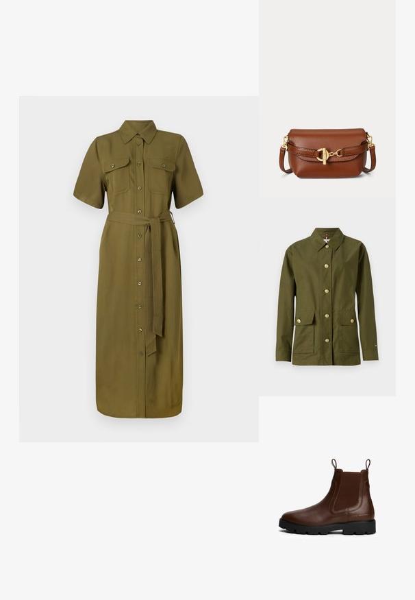 Olivengroene jas met een kraag, zeven gouden knopen, twee voorzakken en een rechte snit. Gemaakt van soepel, lichtgewicht stof.; Khaki shirtjurk, korte mouwen, knopen aan de voorkant, twee borstzakken, ceintuurlijn, middellange lengte, gladde stoftextuur.; Bruine leren Chelsea-boot met elastische zijkanten, trekhaakjes, zwarte rubberen zool en gouden logo-detail aan de zijkant. Glad oppervlak.; Bruine leren crossbody tas met goudkleurige gespsluiting en verstelbare band op een witte achtergrond.