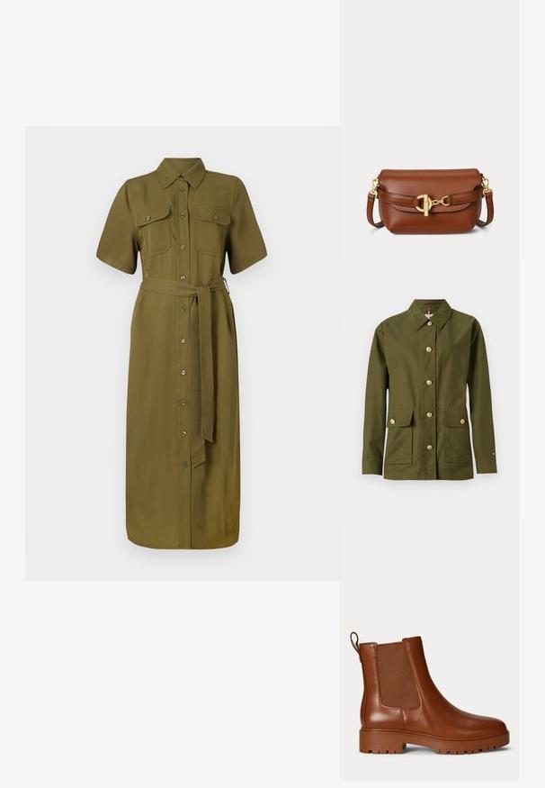 Chaqueta verde oliva con cuello, siete botones dorados, dos bolsillos frontales y corte recto. Confeccionada en una tela suave y ligera.; Vestido camisa color caqui, de mangas cortas, con botones en el frente, dos bolsillos en el pecho, cintura ajustada con cinturón, de longitud media, con textura de tela suave.; Bota Chelsea de cuero marrón con panel lateral elástico, lengüeta en el talón y suela gruesa con tacos.; Bolso bandolera de cuero marrón con cierre de hebilla en tono dorado y correa ajustable sobre fondo blanco.