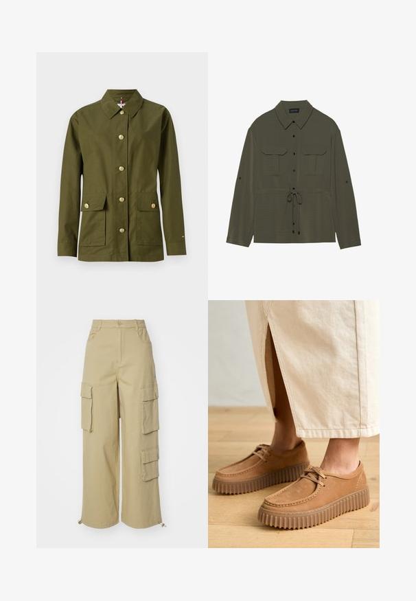 Veste vert olive avec un col, sept boutons dorés, deux poches avant et une coupe droite. Fabriquée en tissu léger et lisse.; Veste chemise olive avec un devant à boutons, deux poches poitrine et une taille à cordon. Elle présente un col classique et des manches longues.; Pantalons cargo beiges avec jambes larges, deux grandes poches latérales, poches avant et un détail à cordon au bas. Tissu en mélange de coton.; Chaussures en cuir tan avec une surface texturée, bout rond et semelles épaisses à cannelures. Les lacets et les détails de couture rehaussent le design.
