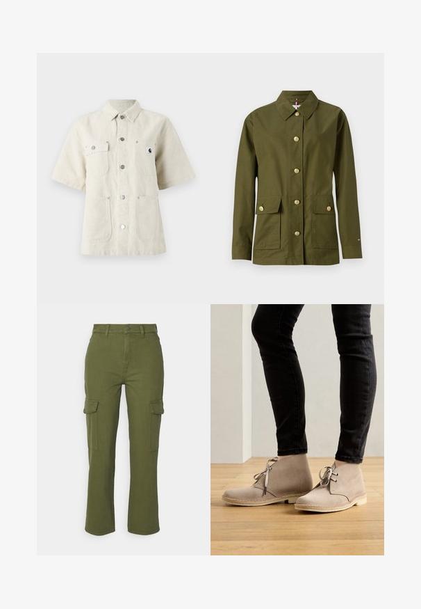 Olivengrøn jakke med krave, syv guldknapper, to forlommer og lige snit. Fremstillet af glat, letvægtsstof.; Kortærmet skjorte i lys beige stof, med spidse kraver, frontknapper, to brystlommer og et lille logomærke på venstre side.; Olivenfarvede cargo bukser med lige ben-design, frontlynlås og to sidelommer. Fremstillet af slidstærkt, tekstureret stof.; Beige ruskind ankelstøvler med en rund tå, snørebåndsdesign og kontrasterende syninger, båret med sorte tætsiddende bukser på et trægulv.