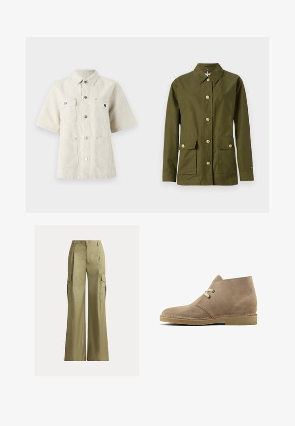 Chaqueta verde oliva con cuello, siete botones dorados, dos bolsillos frontales y corte recto. Confeccionada en una tela suave y ligera.; Camisa de manga corta en tejido beige claro, con cuello de punta, botones en el frente, dos bolsillos en el pecho y un pequeño parche con el logo a la izquierda.; Pantalones cargo de pierna ancha color caqui con tiro alto, cierre de botón y cremallera, y bolsillos con solapa a cada lado.; Clarks Botines con cordones - sand