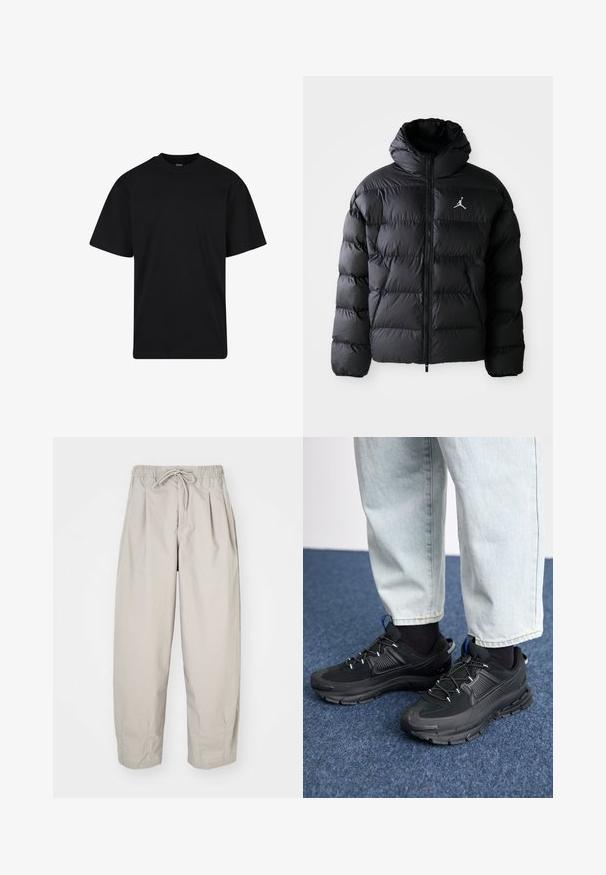 Chaqueta de abrigo negra con capucha, con cierre de cremallera y diseño acolchado. Incluye un logotipo blanco en el lado izquierdo del pecho. Material suave y aislante.; Camiseta negra de manga corta con cuello redondo, corte holgado, diseño liso y sin logotipos ni patrones visibles.; Pantalones ligeros color beige con cintura elástica y cordón de ajuste. Presentan pliegues y un corte holgado, elaborados con una tela suave y lisa.; Zapatillas deportivas negras con tejido texturizado y suelas de goma, con cordones elásticos y un acento azul en el talón. Combinadas con pantalones de mezclilla claros.