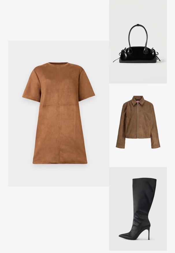 Braune Wildlederjacke mit langen Ärmeln, spitzem Kragen und vorderem silbernem Reißverschluss, vor weißem Hintergrund gezeigt.; Braunes Wildleder-Kleid mit kurzen Ärmeln und Rundhalsausschnitt, mit vertikalen und horizontalen Nahtdetails auf der Vorderseite.; Schwarzer kniehoher Stiletto-Stiefel aus glattem, elegantem Material; spitze Zehe; enganliegend mit subtilen Falten nahe dem Knöchel; glänzender Absatz.; Kleine schwarze glänzende Handtasche mit zwei langen Griffen und seitlichen Kordelzug-Details vor einfachem hellem Hintergrund.