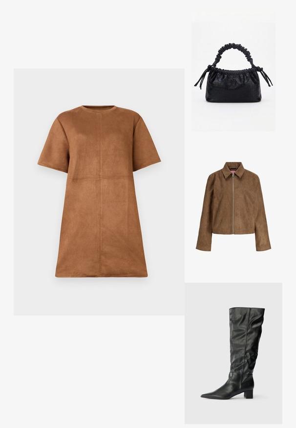 Braune Wildlederjacke mit langen Ärmeln, spitzem Kragen und vorderem silbernem Reißverschluss, vor weißem Hintergrund gezeigt.; Braunes Wildleder-Kleid mit kurzen Ärmeln und Rundhalsausschnitt, mit vertikalen und horizontalen Nahtdetails auf der Vorderseite.; Schwarze kniehohe Stiefel aus Leder mit spitzem Zehenbereich, weitem Schaft und Blockabsatz. Glatte Textur mit minimaler sichtbarer Naht.; Schwarze Handtasche mit Krokodilstruktur, gerafftem oberen Rand, zusammengezogenem Griff und Zugkordeln mit Quasten an jeder Seite vor weißem Hintergrund.
