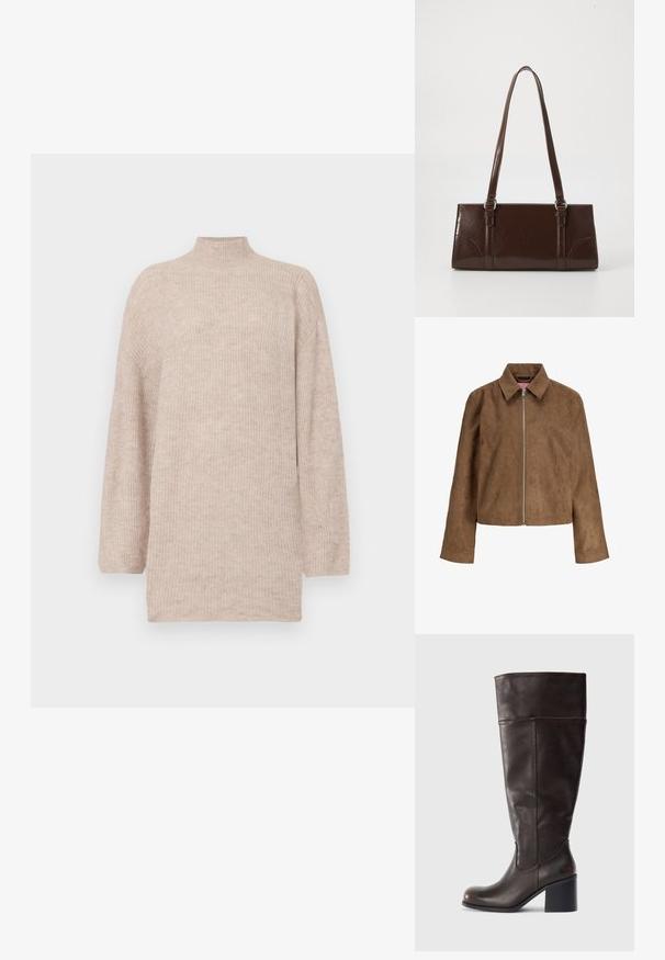 Brun ruskindsjakke med lange ærmer, spids krave og sølvfarvet lynlås foran, vist mod en hvid baggrund.; Beige højhalset sweater med faldende skuldre, lavet af ribbet strikmateriale. Løs pasform med lange ærmer og en blød tekstur.; Brun læder knæhøj støvle med rund tå og stablet hæl. Har en glat tekstur og sidelægning som detalje.; Brun lakeret håndtaske med rektangulær form, to lange håndtag og subtile buede detaljer på fronten.