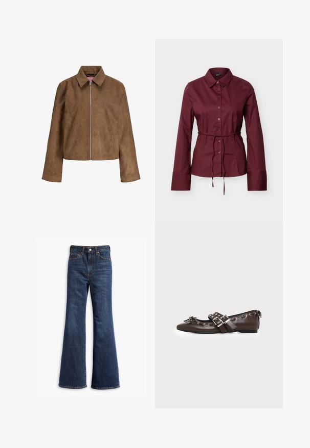 Bruine suède jas met lange mouwen, puntige kraag en zilveren ritssluiting aan de voorkant, afgebeeld tegen een witte achtergrond.; Bordeauxrode blouse met lange mouwen, knopen en kraag, met een dunne bijpassende riem gestrikt rond de taille, getoond tegen een effen lichte achtergrond.; Hogegarende donkerblauwe denim jeans met flared pijpen, sluiting met een knoop en rits aan de voorkant, en ontwerp met vijf zakken.; Donkerbruine leren platte schoen met puntige neus, dubbele zilveren gespsluitingen, metalen klinknagels en een decoratief strikje aan de voorkant.