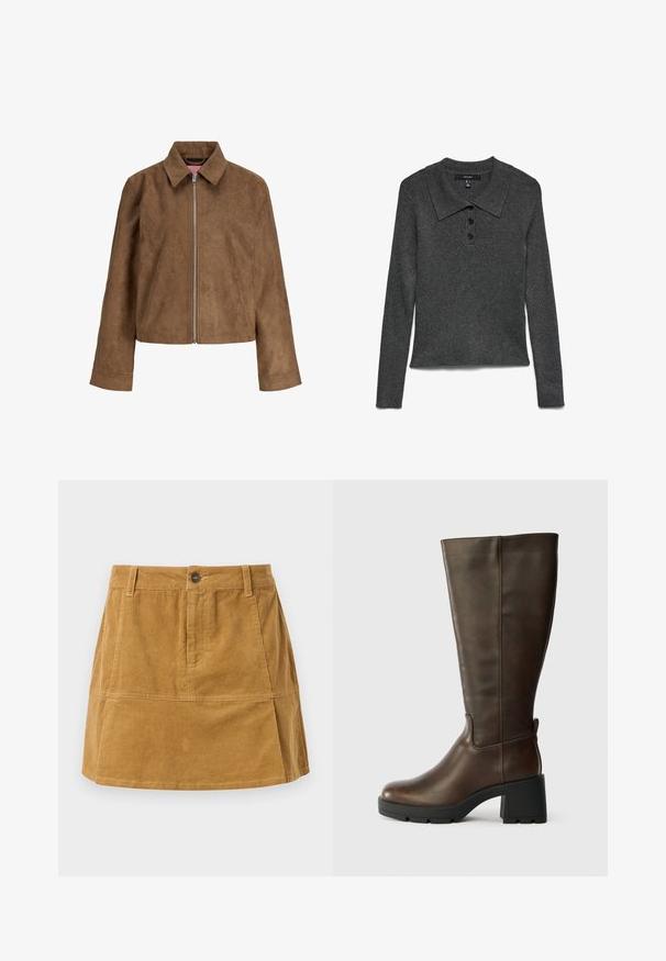 Veste en daim marron à manches longues, col pointu et fermeture éclair argentée à l'avant, présentée sur un fond blanc.; Polo à manches longues gris foncé côtelé avec col, comportant trois boutons noirs au niveau de l'encolure et un ourlet légèrement raccourci.; Jupe en velours côtelé marron avec une coupe classique, fermeture à boutons sur le devant, deux poches latérales et nervures verticales texturées.; Bottine en cuir marron jusqu'au genou avec un talon épais noir et une finition texturée. Présente un bout rond et des détails de couture latérale subtils.
