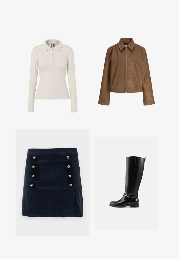 Brun ruskindsjakke med lange ærmer, spids krave og sølvfarvet lynlås foran, vist mod en hvid baggrund.; Langærmet polo-shirt i off-white ribbet stof med kravehals og fem metalknapper foran. Tætsiddende design.; Marineblå corduroy nederdel med lige pasform, fem metalliske knapper foran og to sidelommer for funktionalitet.; Sorte knæhøje støvler lavet af blankt læder med en sølvfarvet spænde ved anklen og rundet snude. Flad sål.