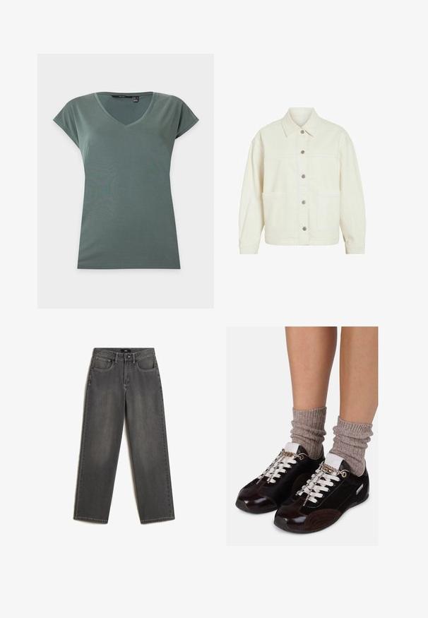 Off-white knap-op jakke med lange ærmer, to forlommer og en klassisk krave, vist mod en hvid baggrund.; Grøn kortærmet V-hals T-shirt med glat stofstruktur lagt fladt på en hvid baggrund.; Grå vidde jeans lavet af denim. Har fem lommer, en frontknap og lynlås lukning, samt subtil fading på stoffet.; Mørkebrune sneakers med tekstureret materiale, hvide snørebånd og guld hardware detaljer, kombineret med lysebrune ribbede sokker.