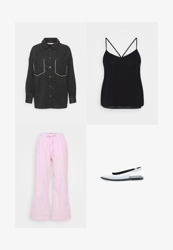 ONLY Petite ONLKINSLEY - Letná bunda - black; Čierny top na ramienka s nastaviteľnými tenkými popruhmi, V-výstrihom a hladkou, jemne priesvitnou látkou. Neformálny dizajn s uvoľneným strihom.; Ružové pruhované nohavice vyrobené z ľahkej tkaniny, s elastickým pásom a voľným širokým strihom. Vertikálne pruhy pridávajú jemnú textúru.; Biele kožené sandále s plochou podrážkou a špicatou špičkou, so štruktúrovaným povrchom a čiernou podrážkou. Minimalistický dizajn s elegantnou, modernou siluetou.